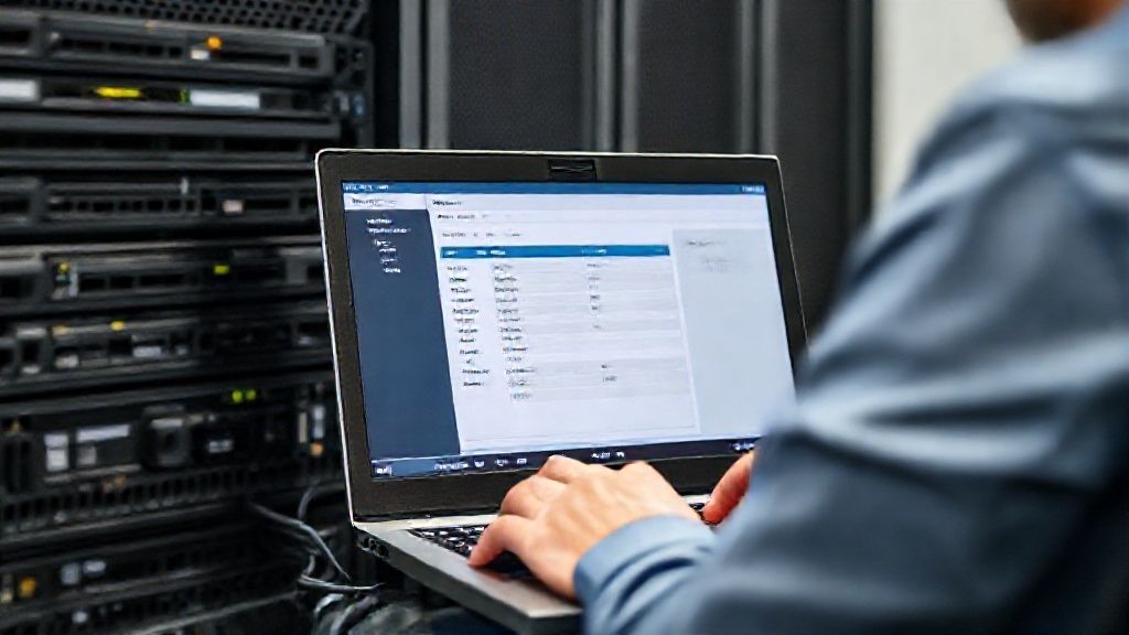 مهندس فناوری اطلاعات در حال تنظیم رابط مدیریتی iLO سرور HP